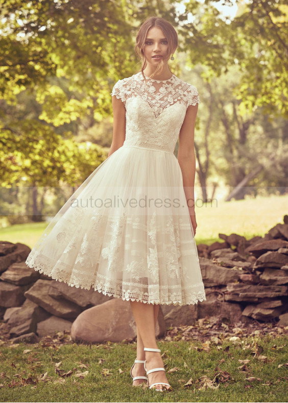 Cap Sleeve Ivory Lace Tulle Knee Length Wedding Dress